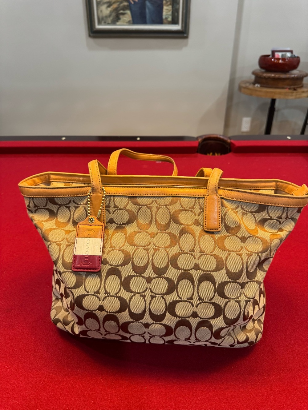 Authentic Coach Legacy Weekend Signature Zip Top Tote Bag - Khaki/Yellow Ochre